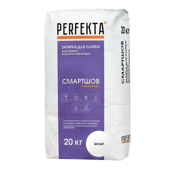 Эластичная водоотталкивающая затирка для плитки Perfekta Смартшов белый, 20 кг